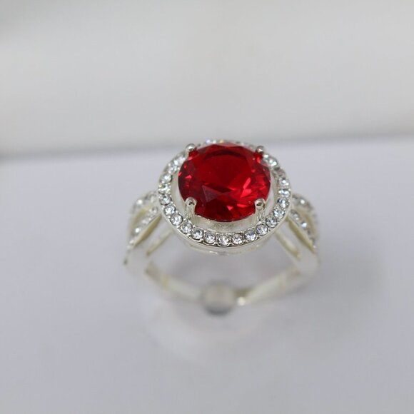 Charter Club Silver Plated Pave &‎ Red Crystal Halo Statement Ring 5 - Picture 2 of 6